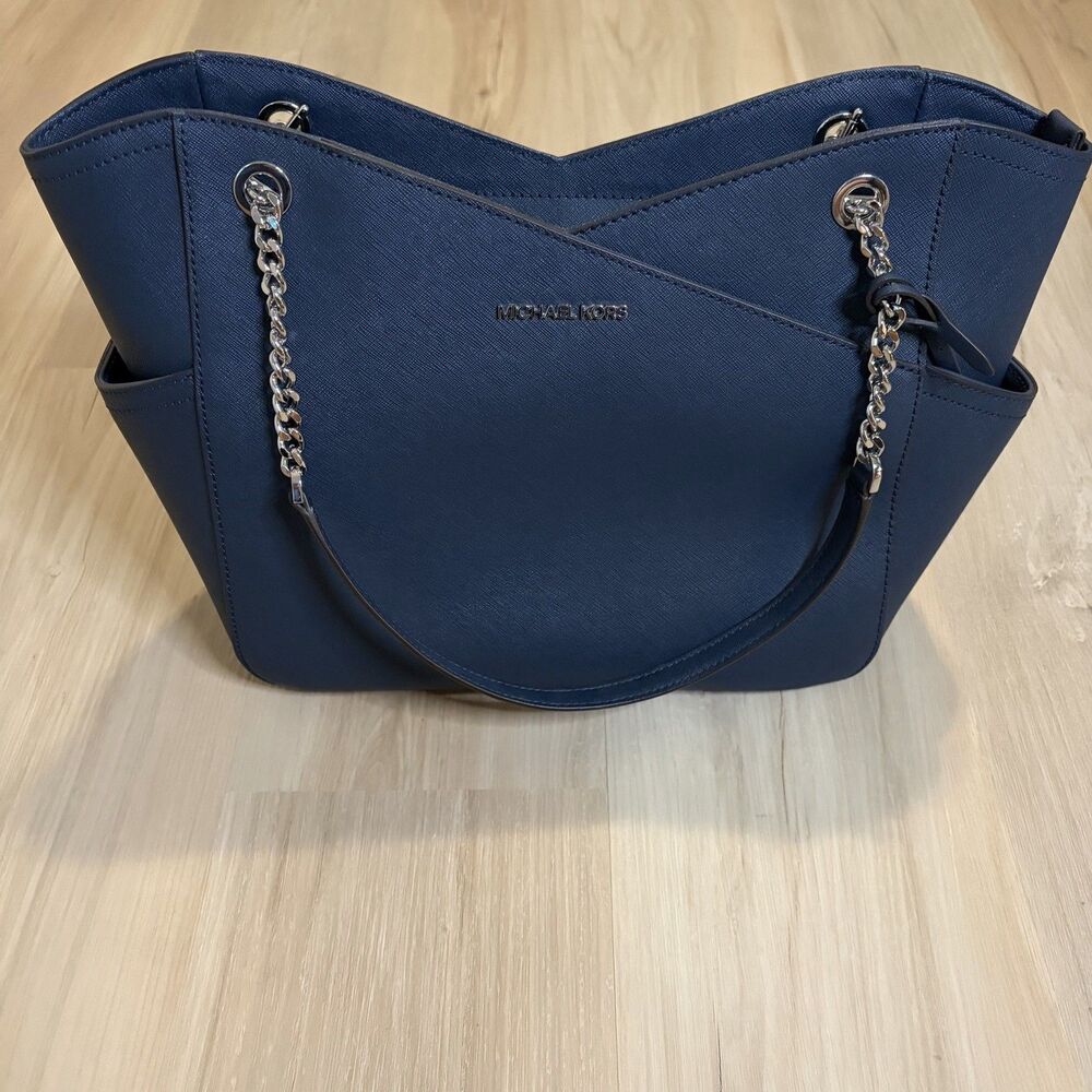 Michael Kors Jet Set Travel Large Chain Shoulder Tote Bag MK Navy LEATHER Silver